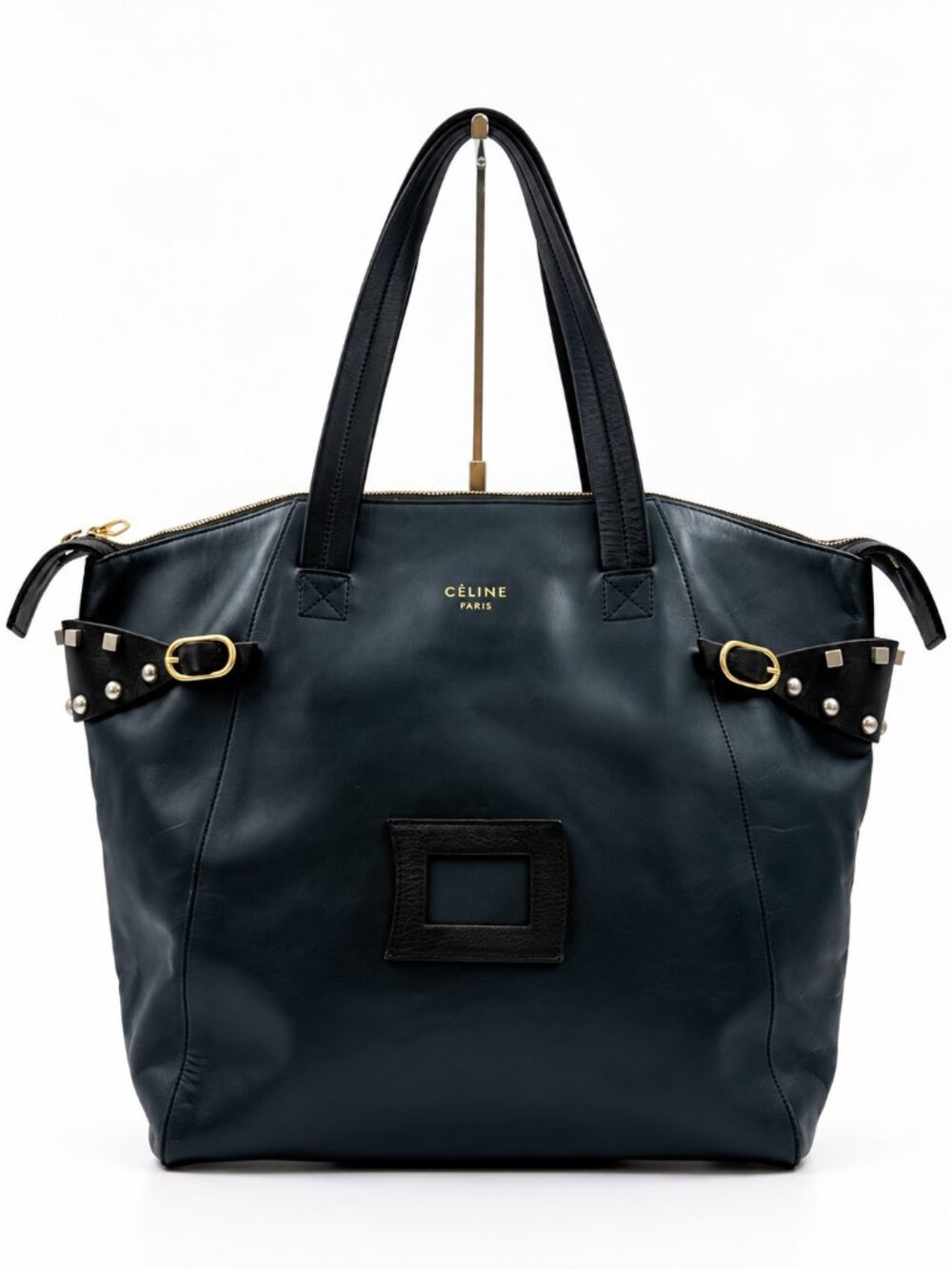 Celine Vintage Leather Tote Bag Black Blue Studded Buckle Large